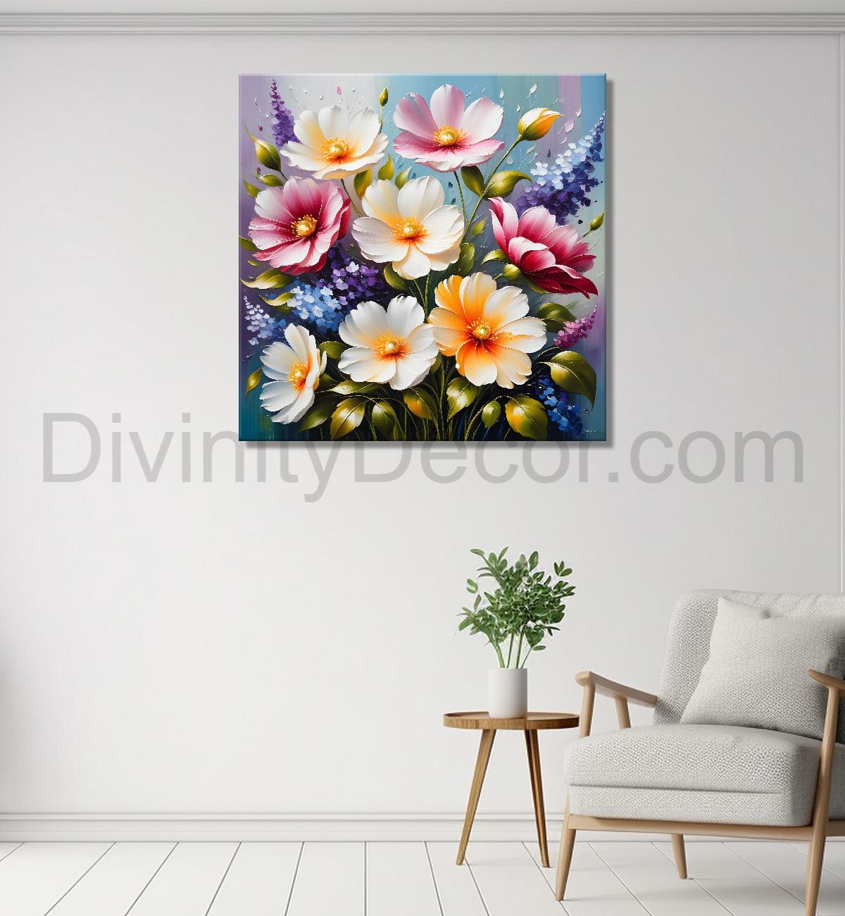 Pink flowers in blue background textured painting  - Flower-S-17