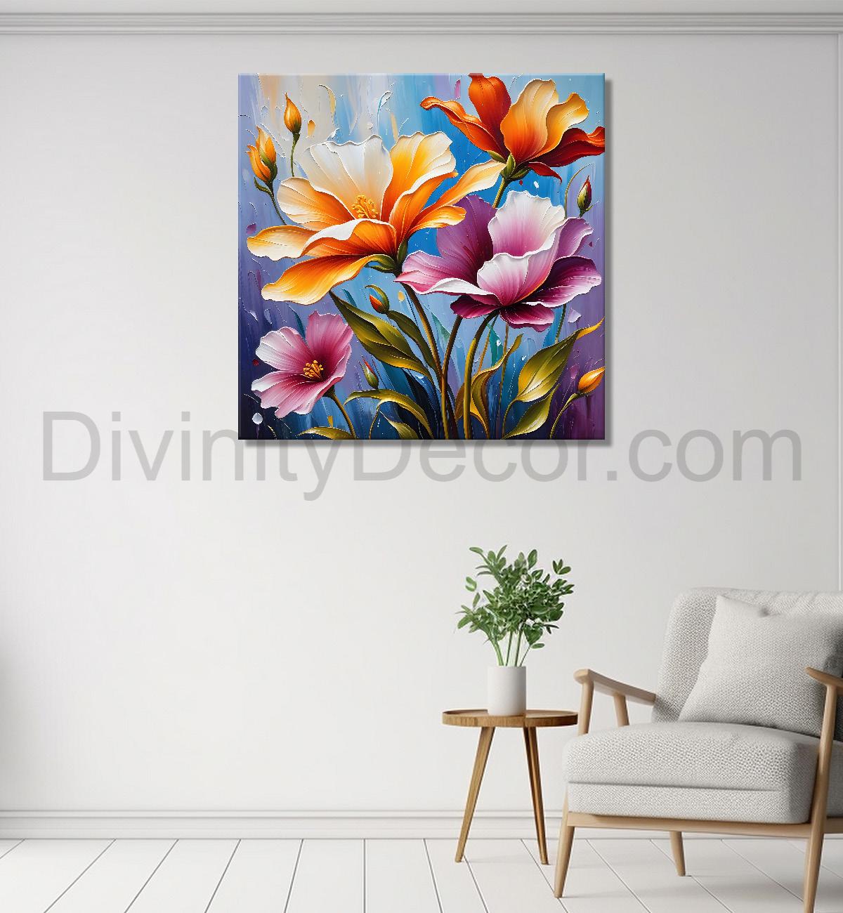 White and purple flowers in blue background textured painting - Flower-S-19