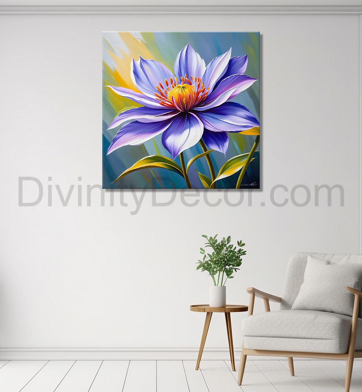 Purple flower in blue background textured painting - Flower-S-20