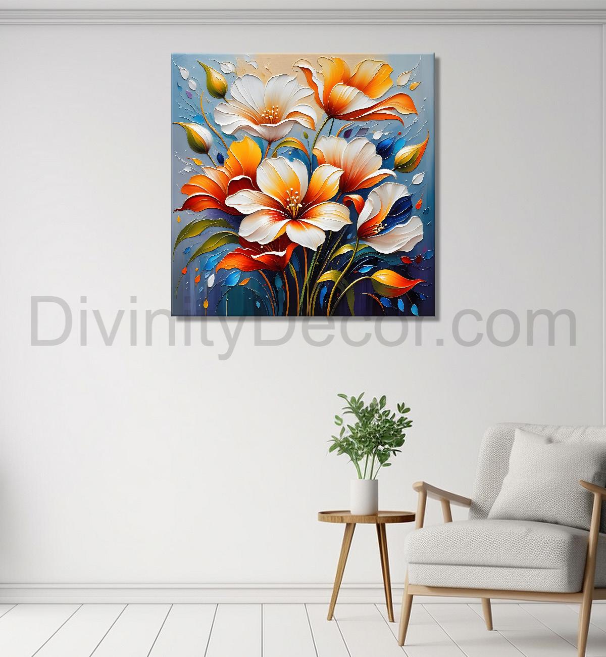 Peach flowers in blue background textured painting - Flower-S-21