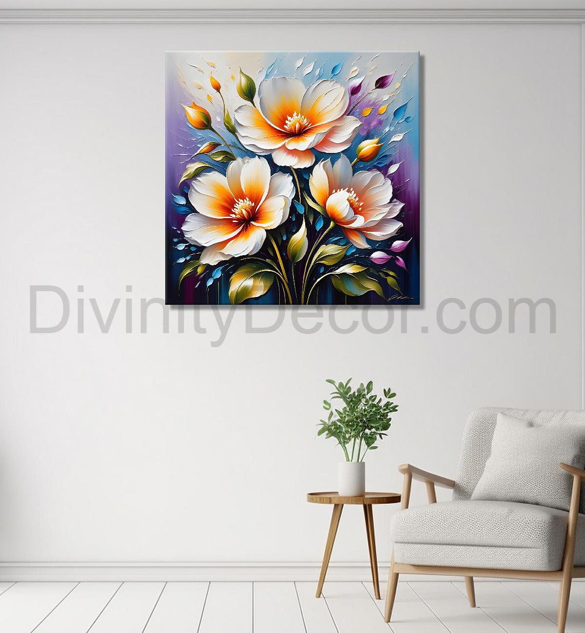 White and purple flowers in blue background textured painting - Flower-S-22