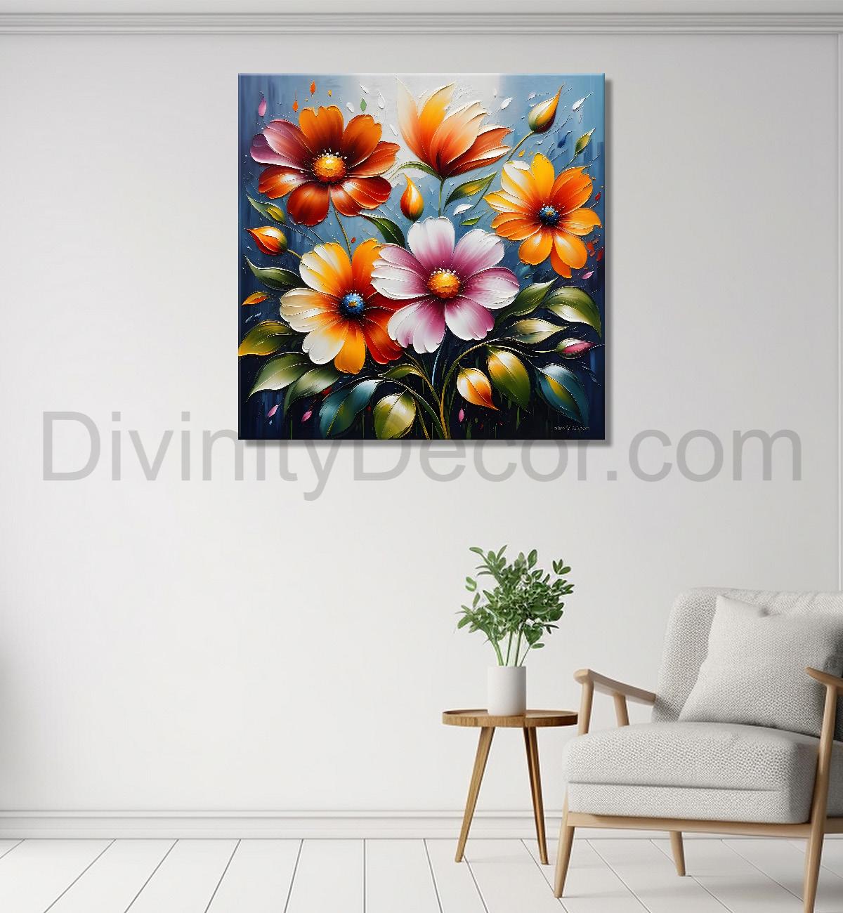 Colourful flowers in blue background textured painting - Flower-S-23