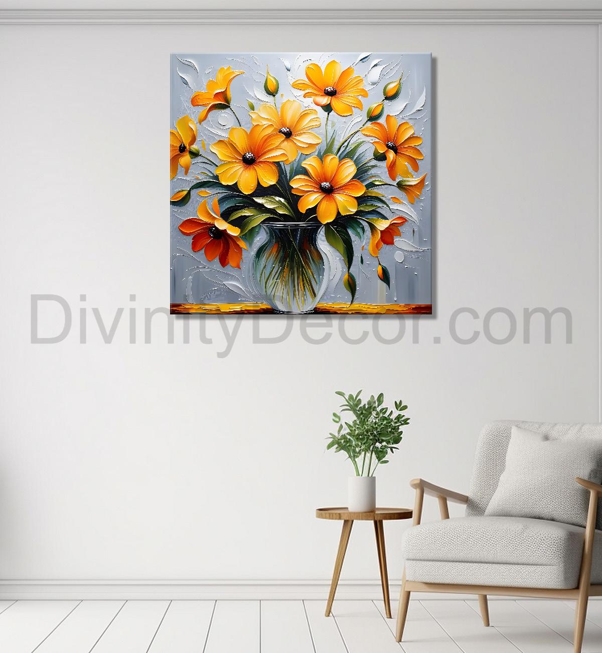 Yellow flowers in a vas with grey background textured painting - Flower-S-24