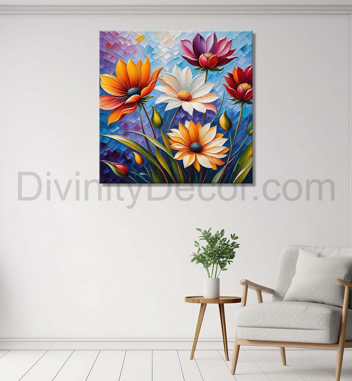 Colourful flowers in blue background textured painting - Flower-S-25