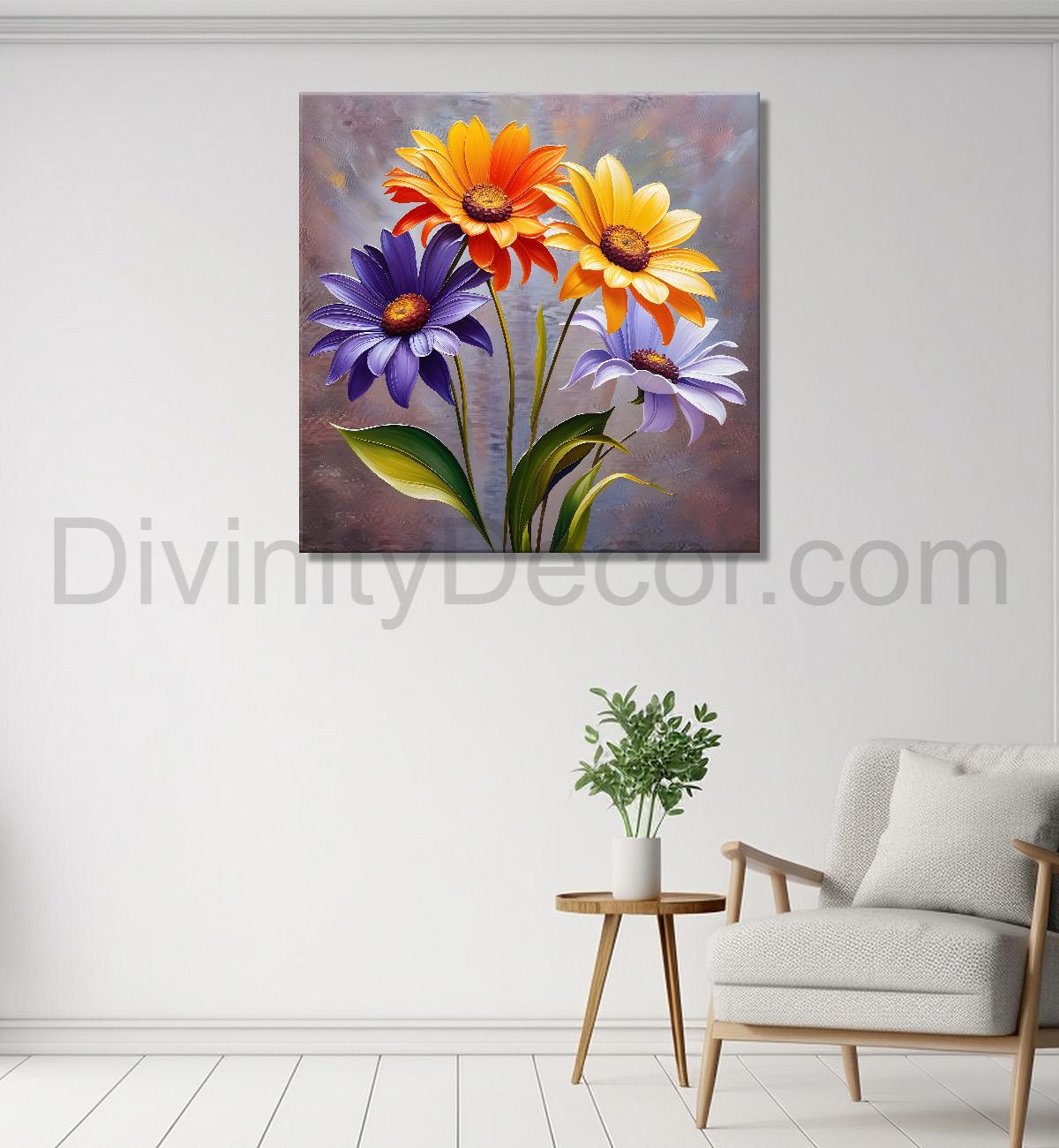 Colourful flowers in light brown background textured painting - Flower-S-26