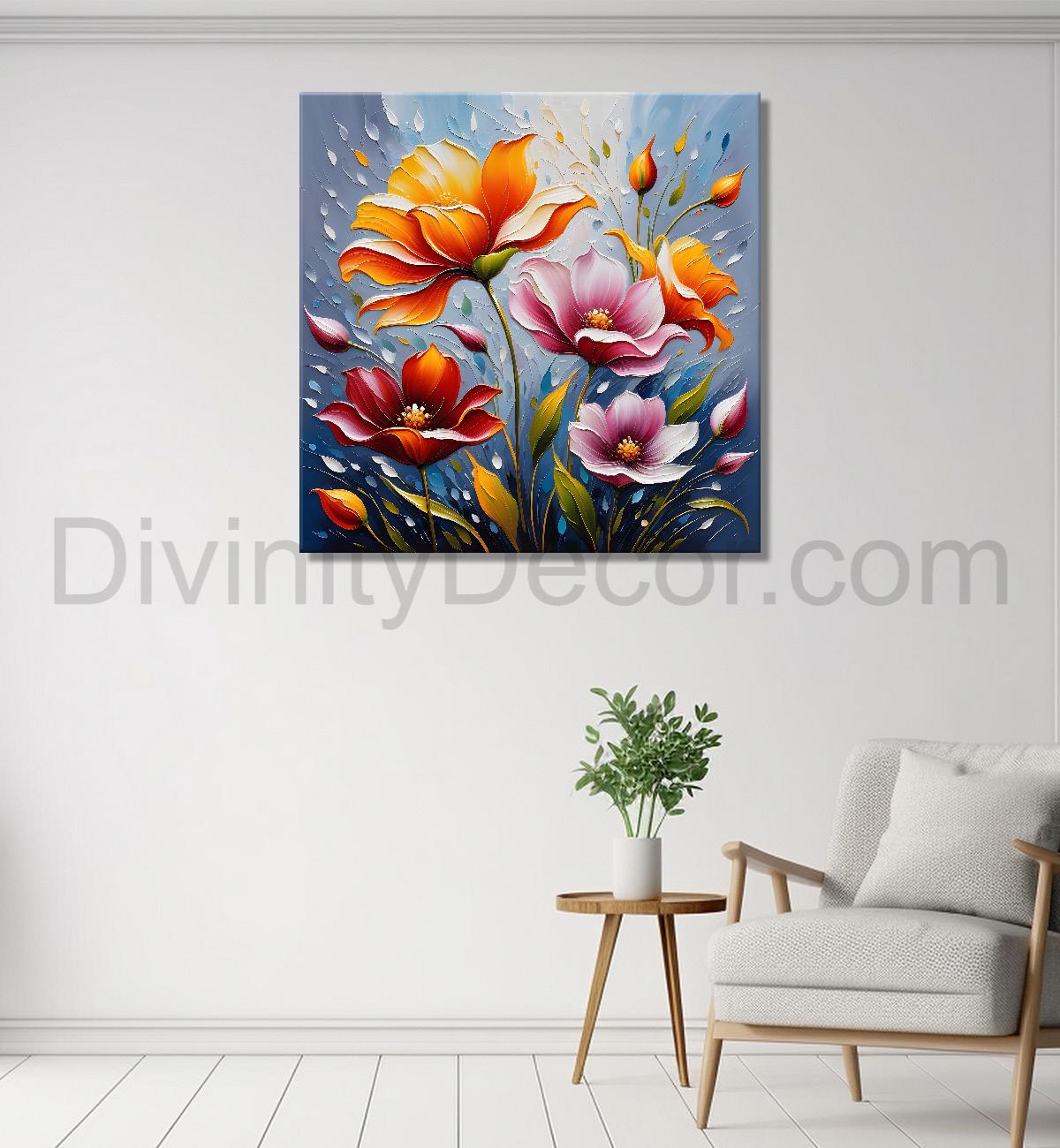 Colourful flowers in blue background textured painting - Flower-S-27