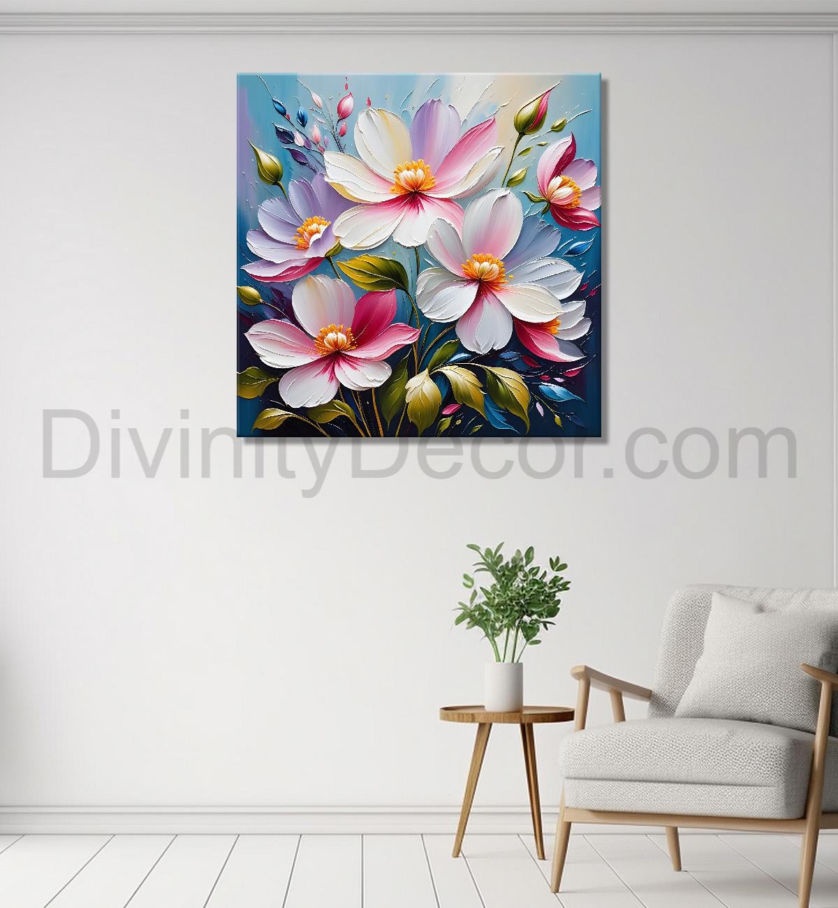 White flowers in blue background textured painting  - Flower-S-28