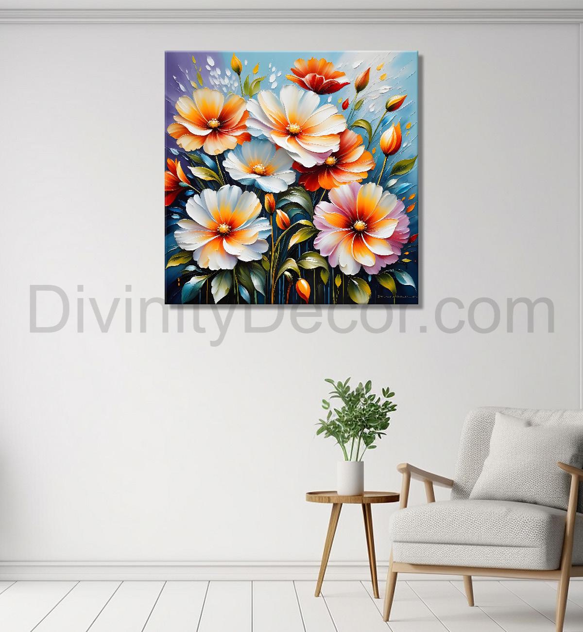 Peach flowers in blue background textured painting  - Flower-S-29