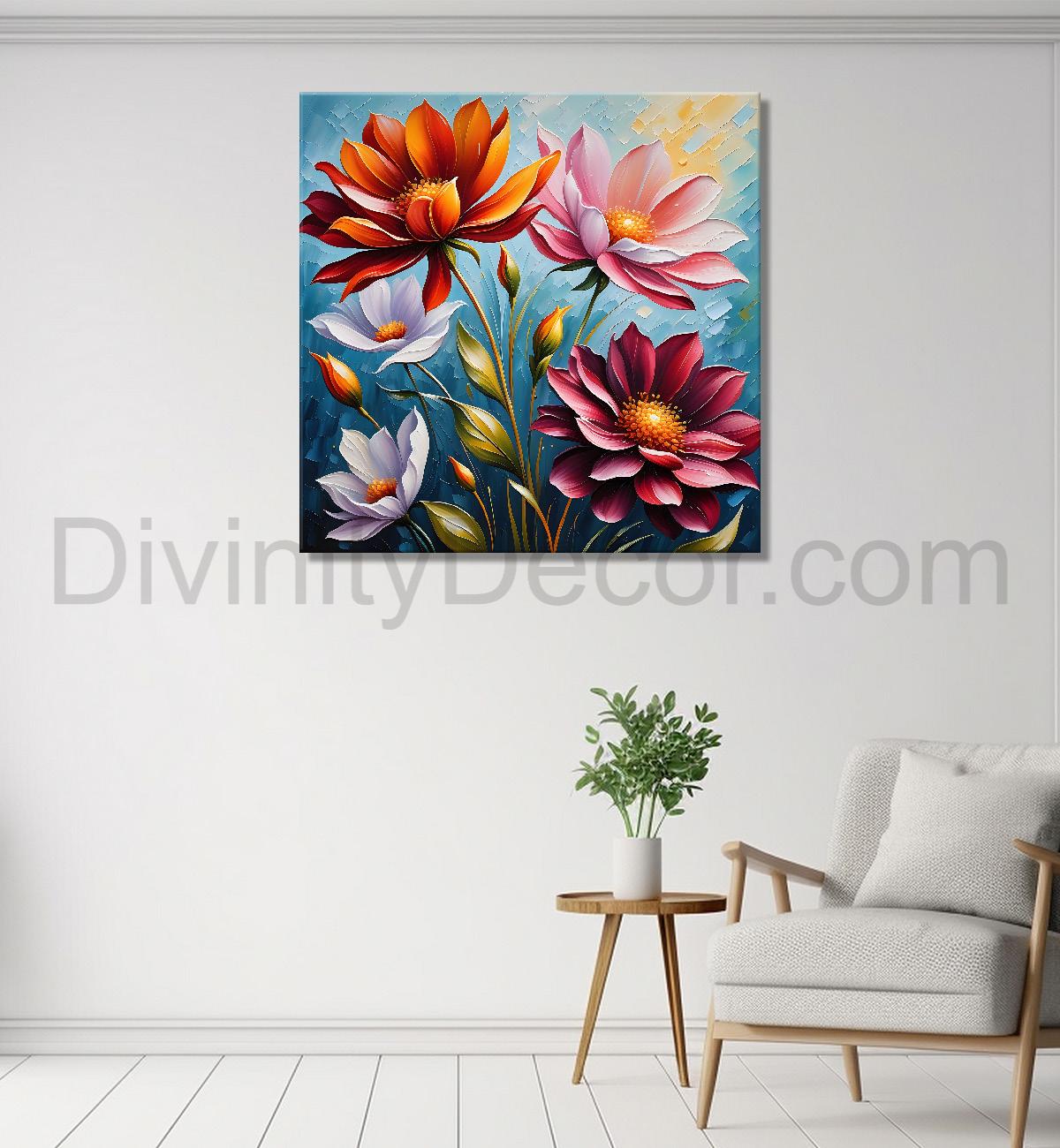 Red with pink flowers in blue background textured painting - Flower-S-30