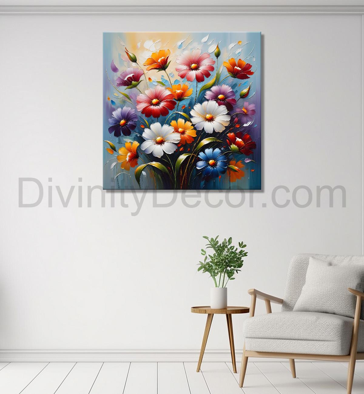 Colourful flowers in blue background textured painting  - Flower-S-31