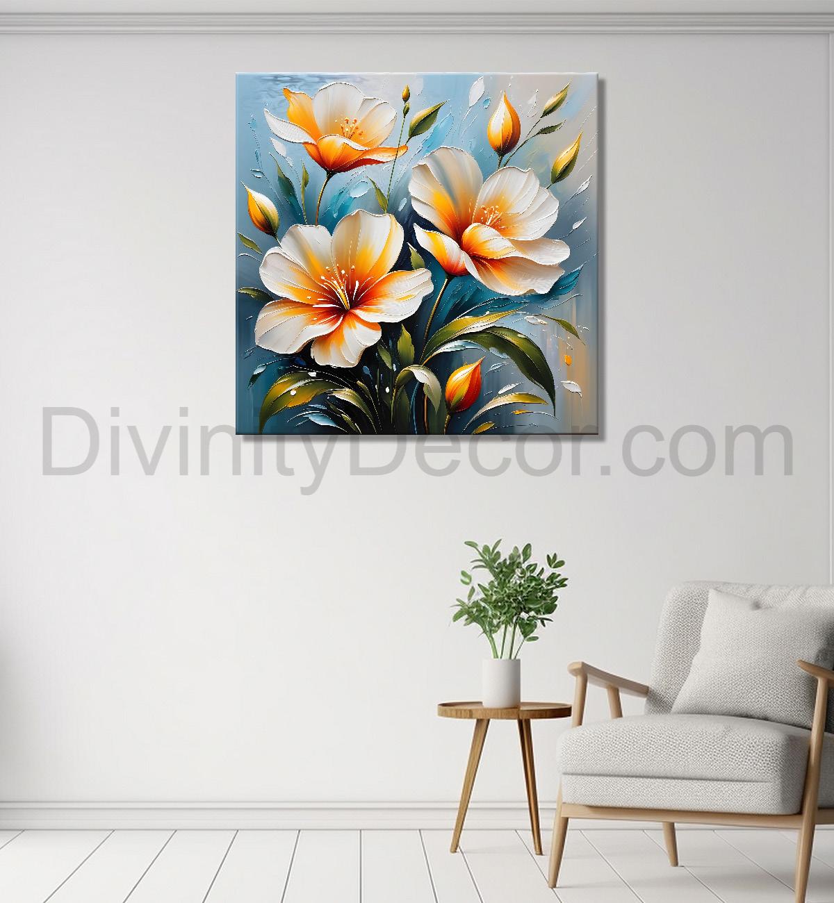 Peach flowers in blue background textured painting  - Flower-S-32