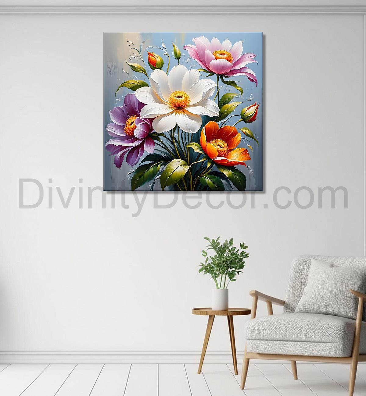 Colourful flowers in blue background textured painting  - Flower-S-33