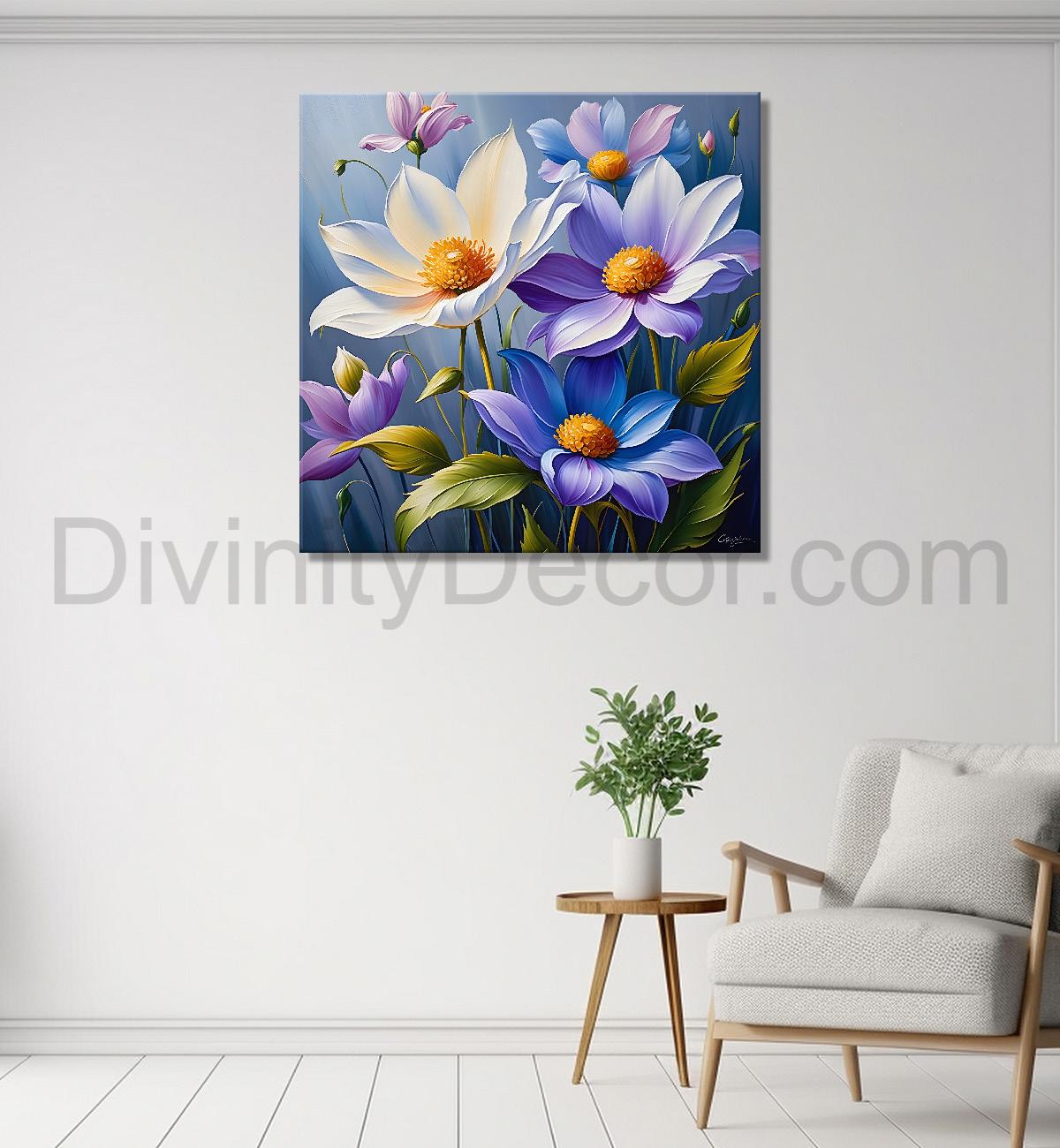 White and purple flowers in blue background textured painting  - Flower-S-35
