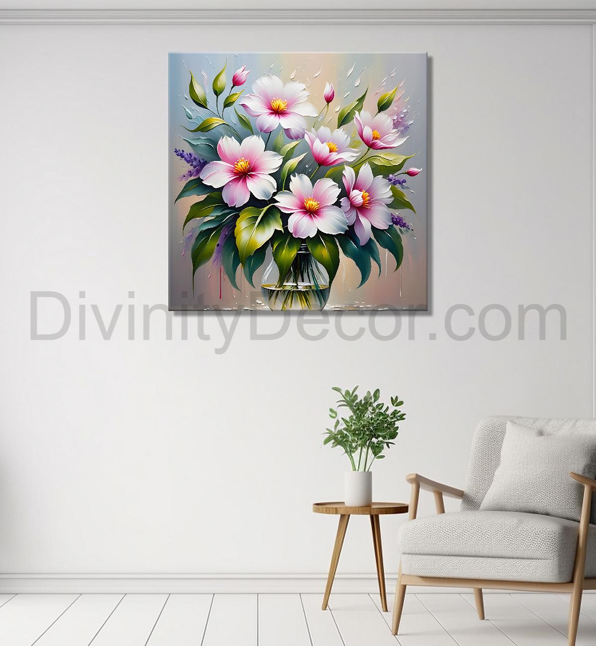 Pink flowers in blue background textured painting - Flower-S-36