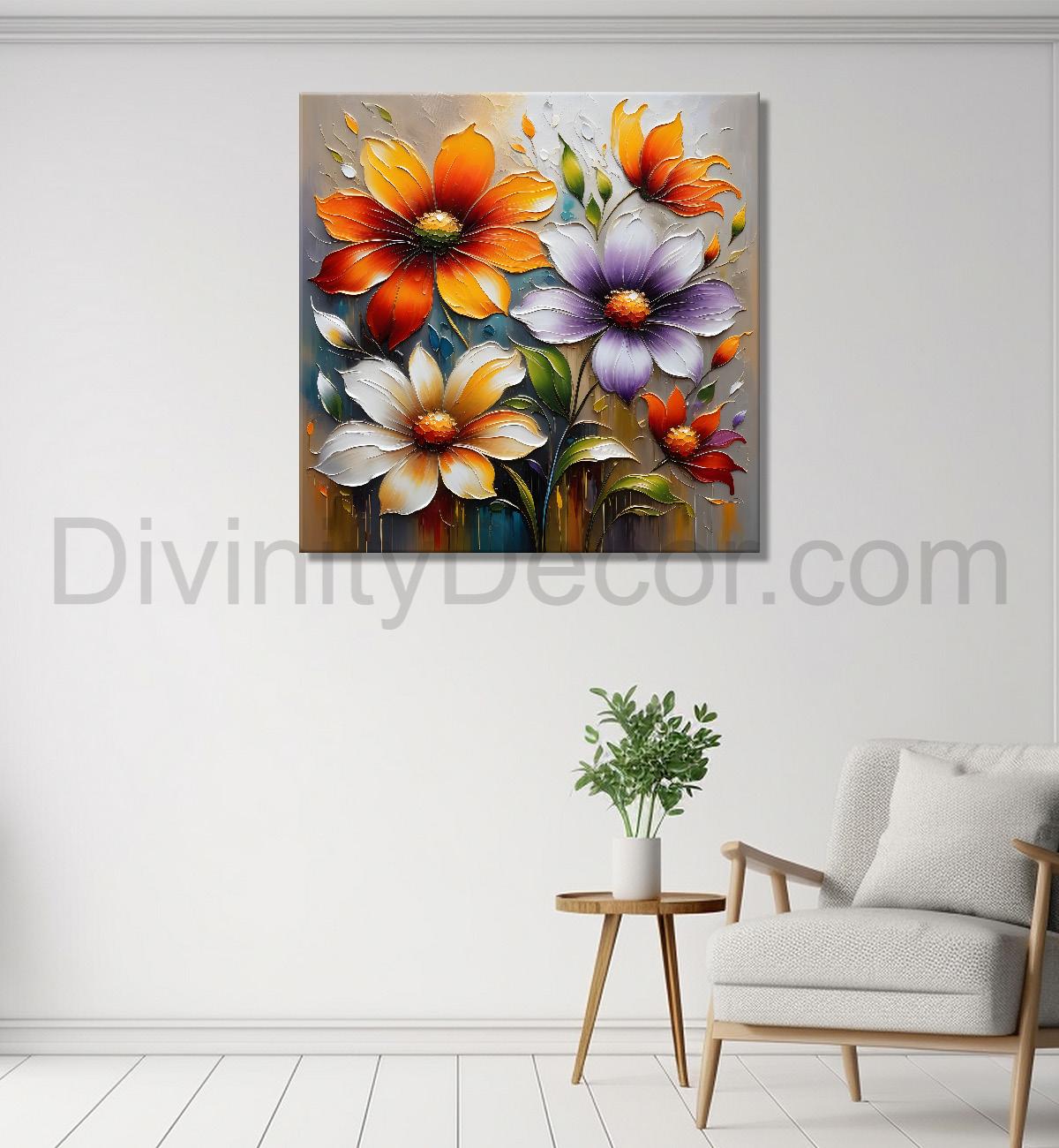 Colourful flowers in blue background textured painting - Flower-S-37