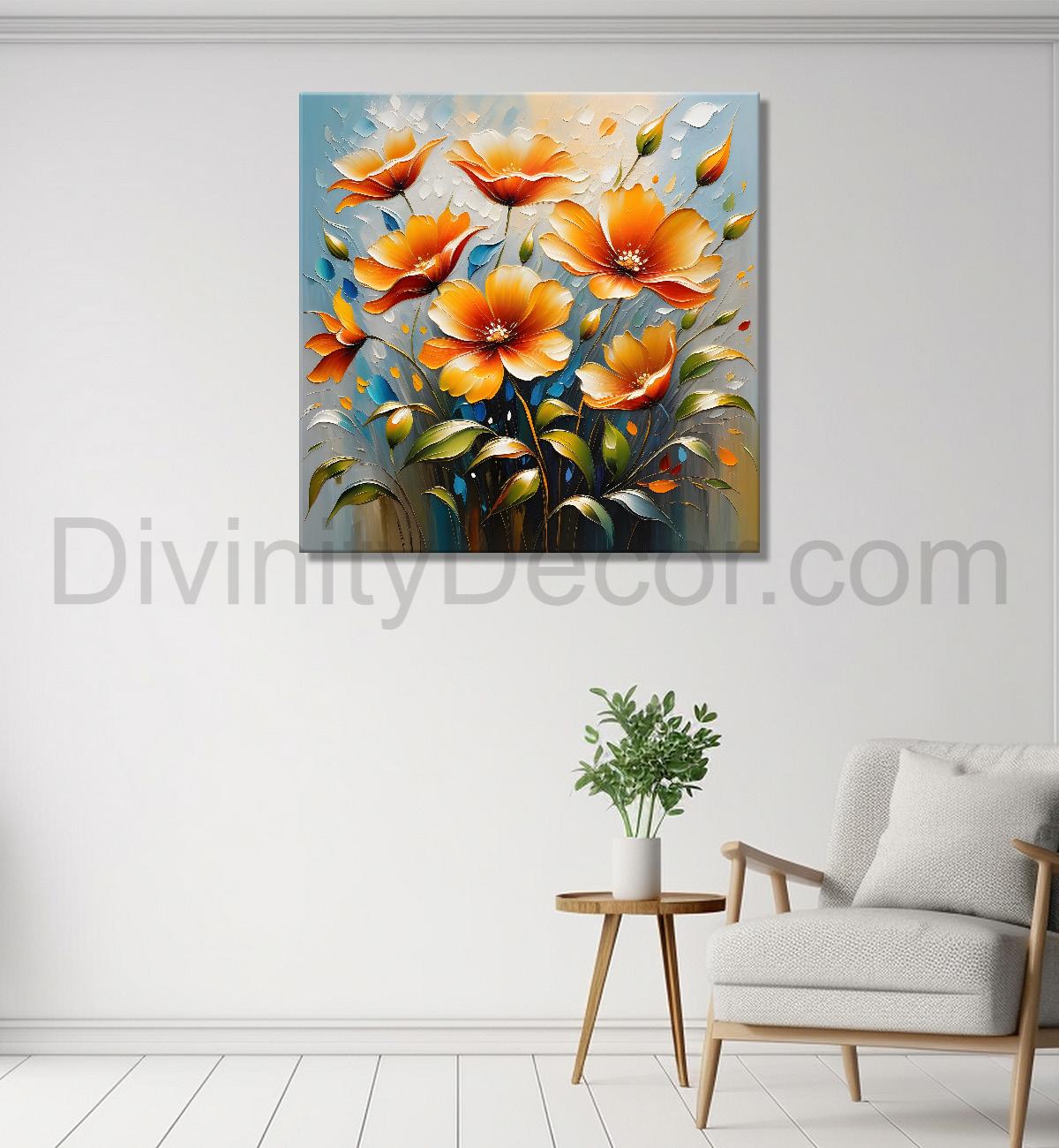 Orange flowers in blue background textured painting - Flower-S-38