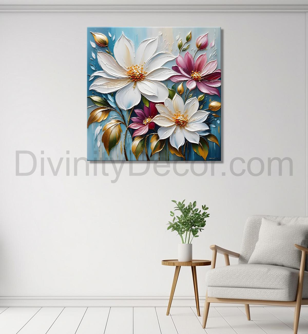 White and purple flowers in blue background textured painting  - Flower-S-40