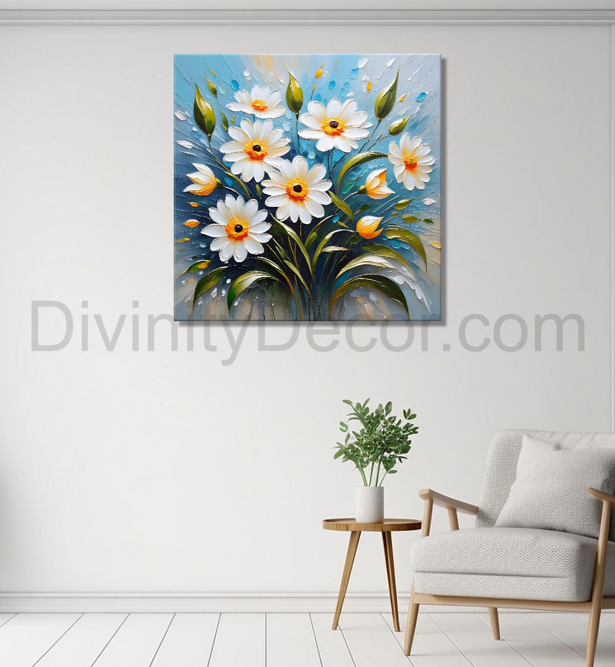 White flowers in blue background textured painting   - Flower-S-41