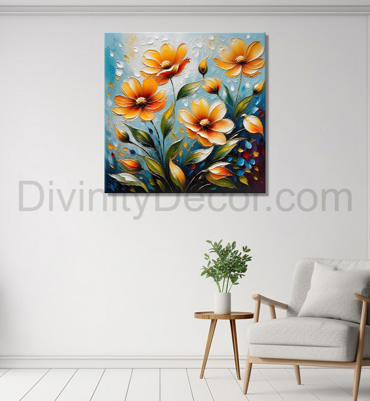Yellow flowers in blue background textured painting  - Flower-S-42