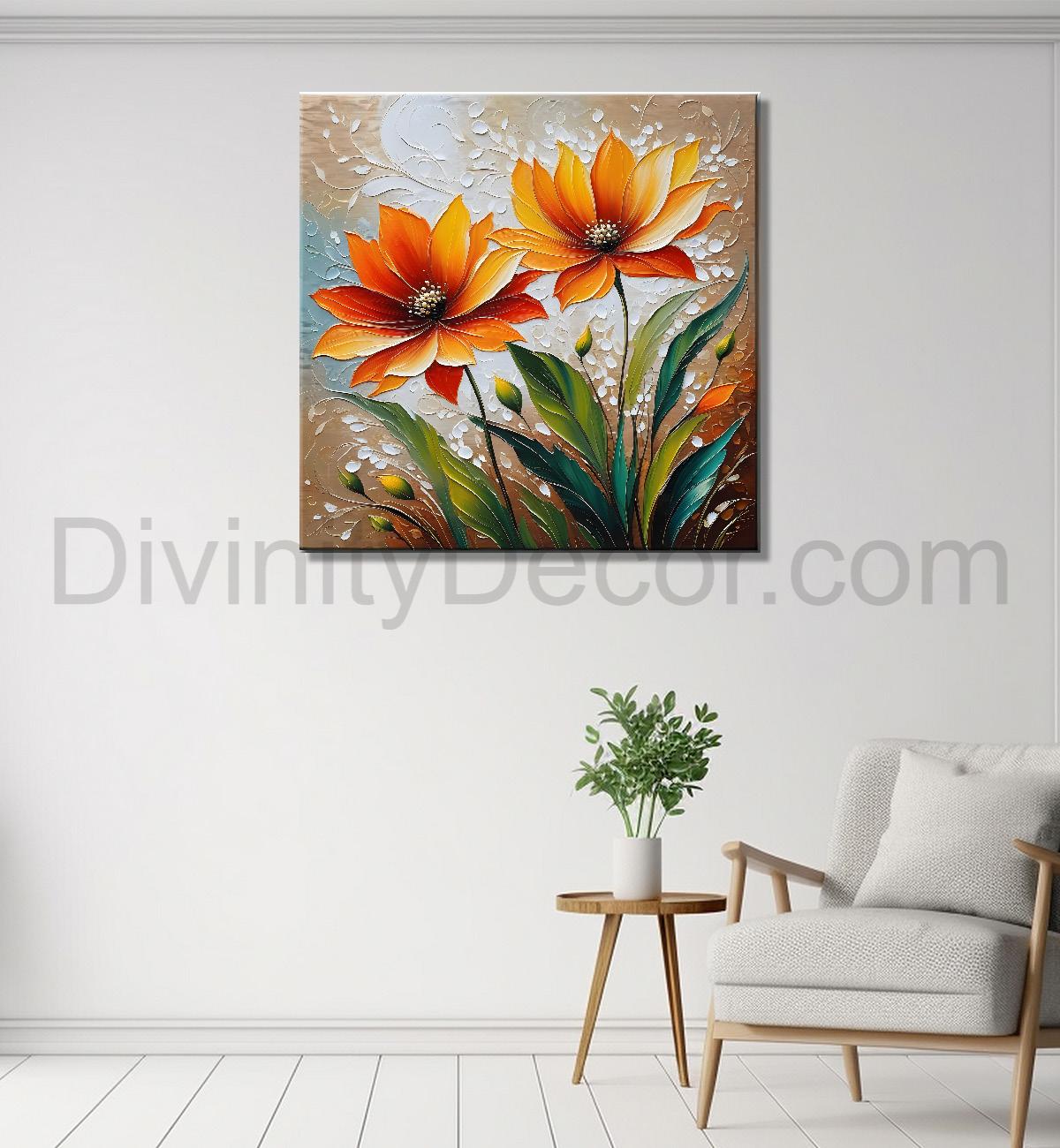Orange flowers in light background textured painting - Flower-S-43