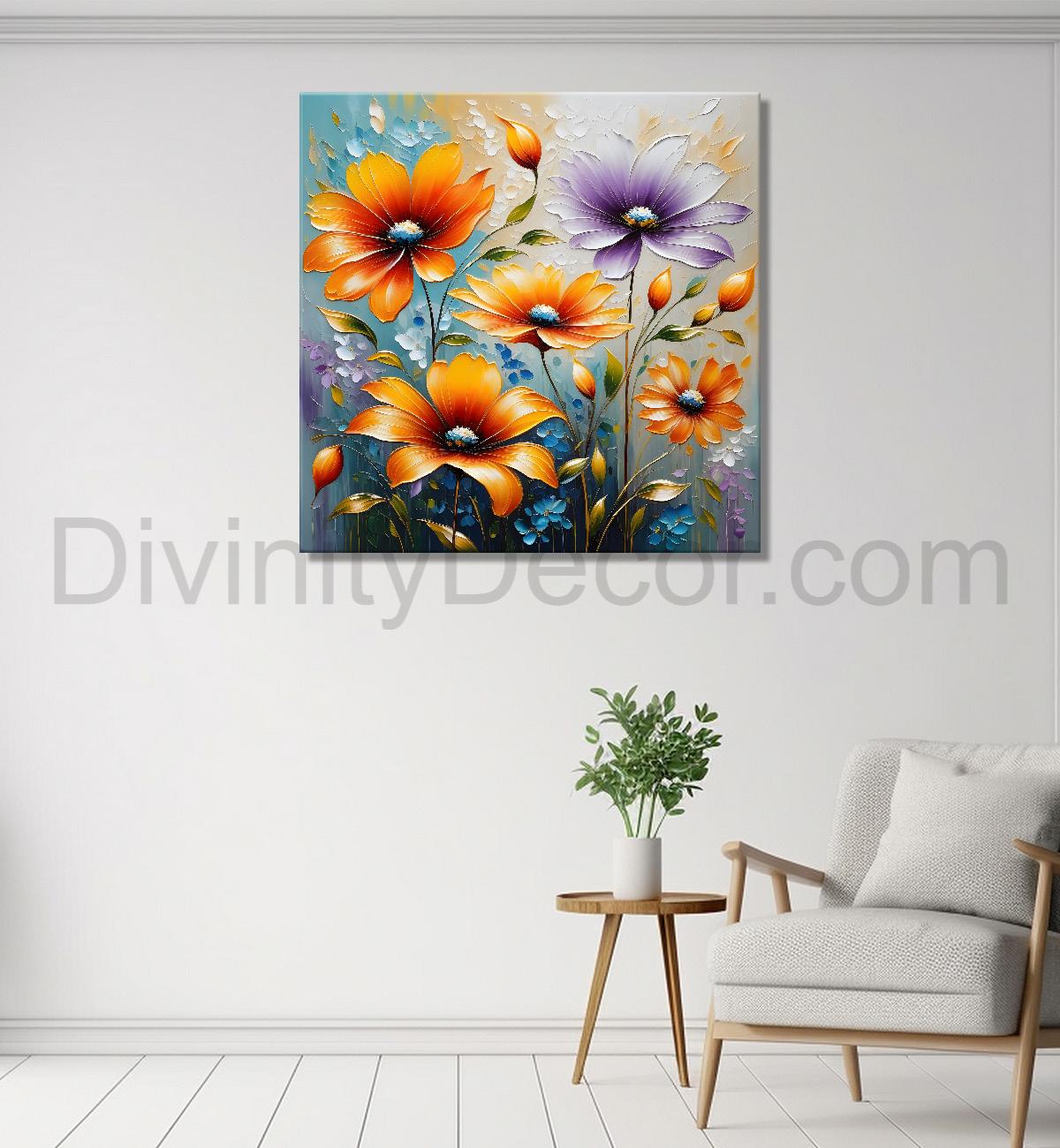 Yellow flowers in blue background textured painting - Flower-S-44