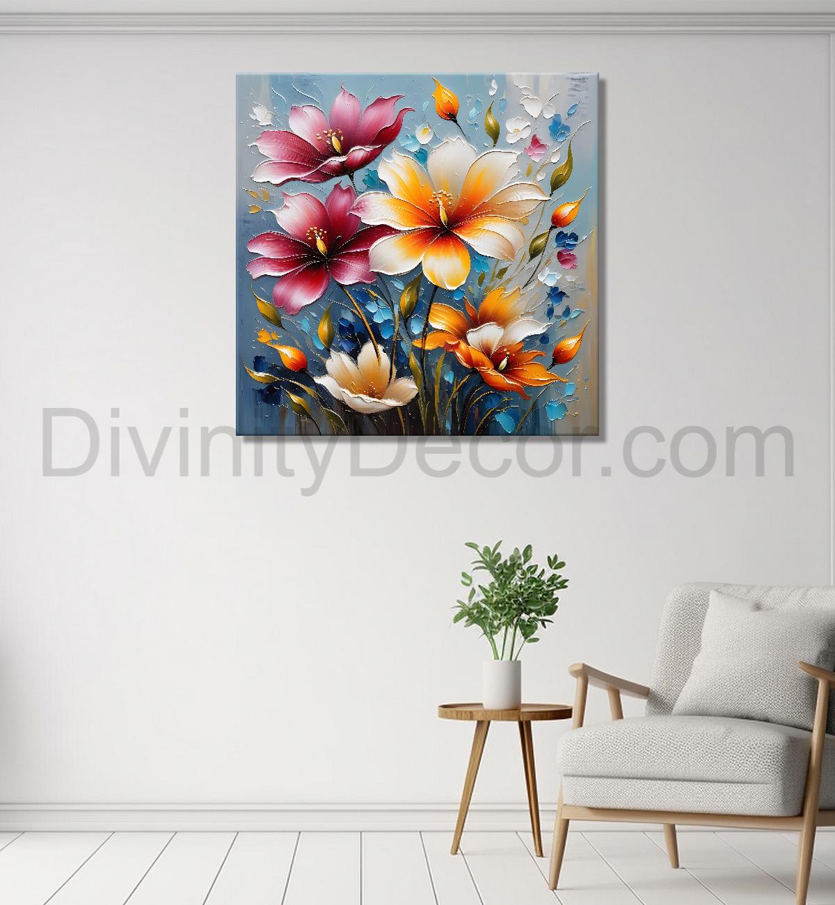 Colourful flowers in blue background textured painting  - Flower-S-45