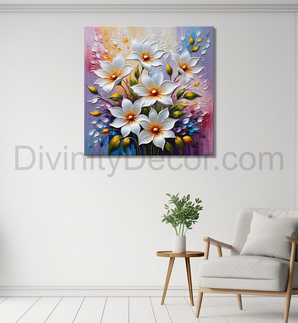 White flowers in colourful background textured painting - Flower-S-47