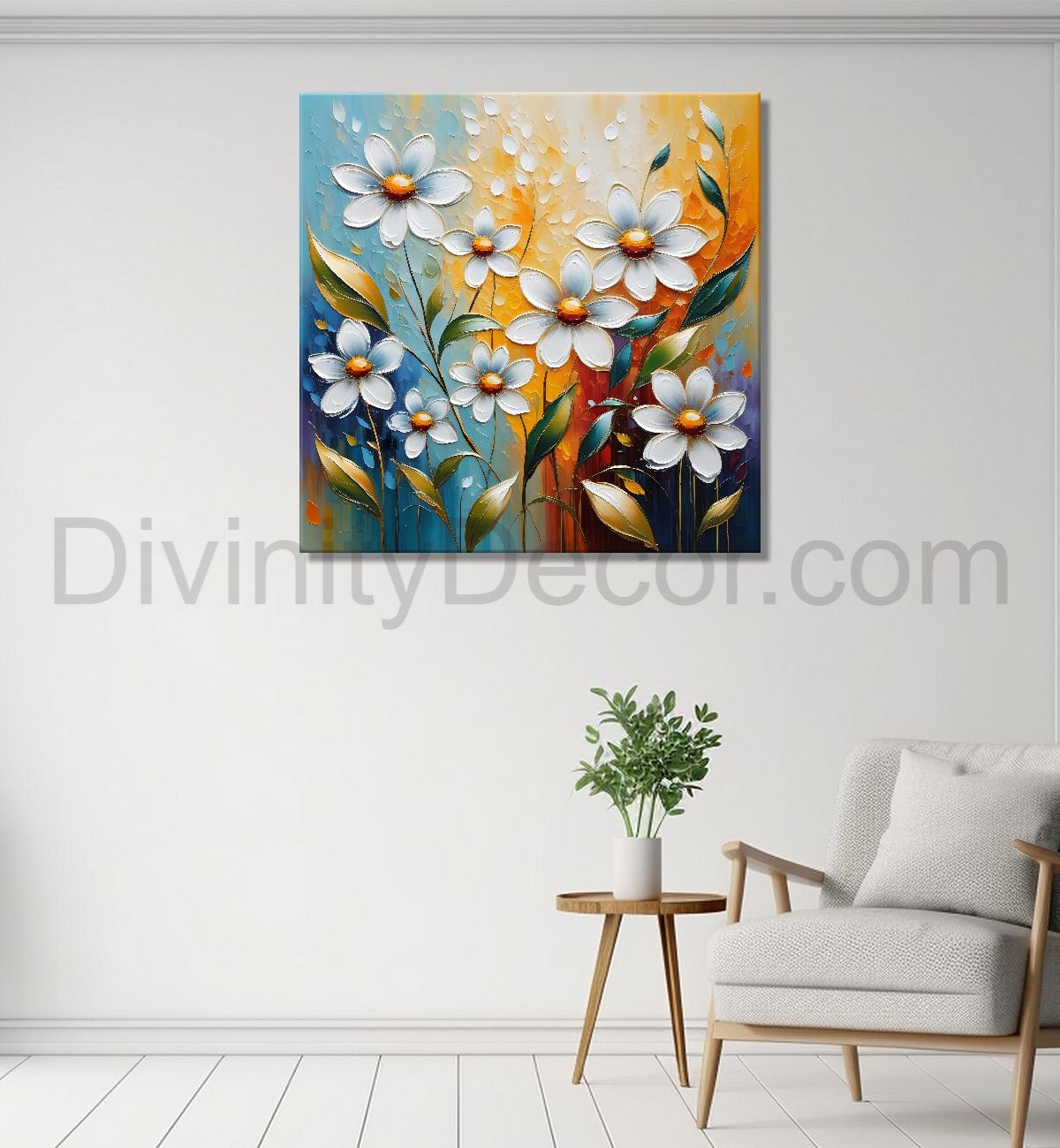 White flowers in colourful background textured painting  - Flower-S-48