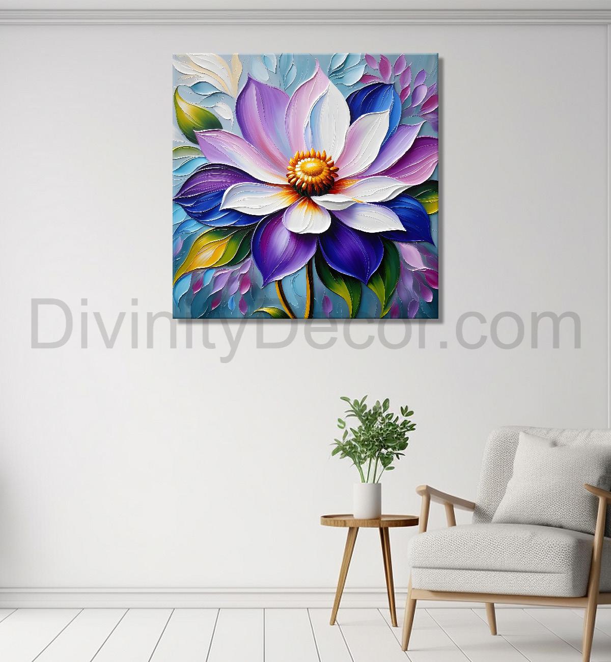 Purple flower in blue background textured painting - Flower-S-49