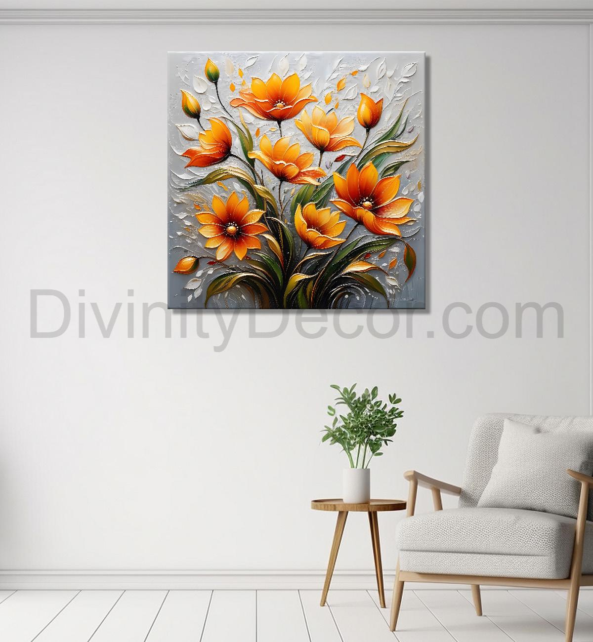 Orange flowers in light background textured painting - Flower-S-50
