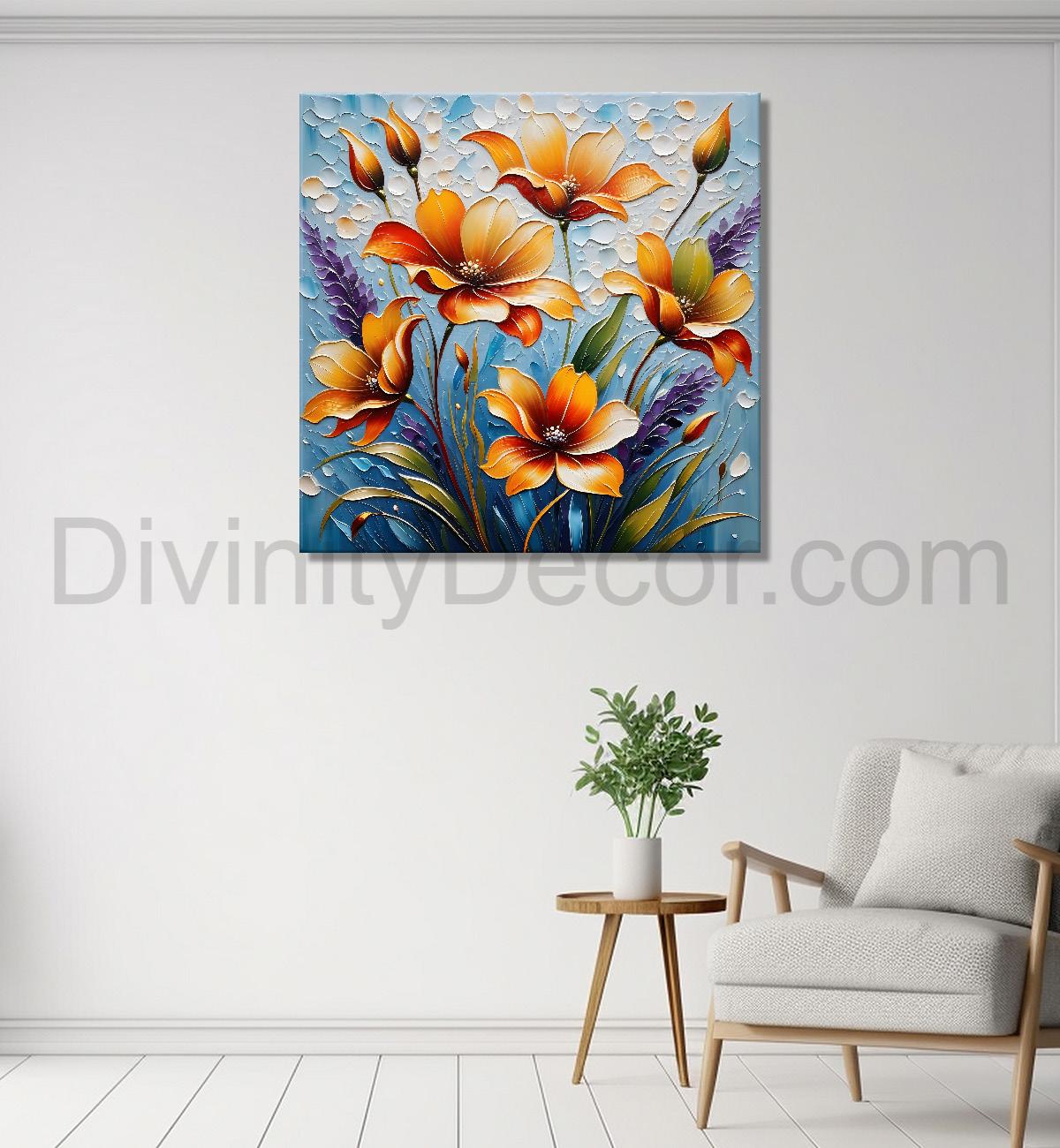 Orange flowers in blue background textured painting  - Flower-S-51