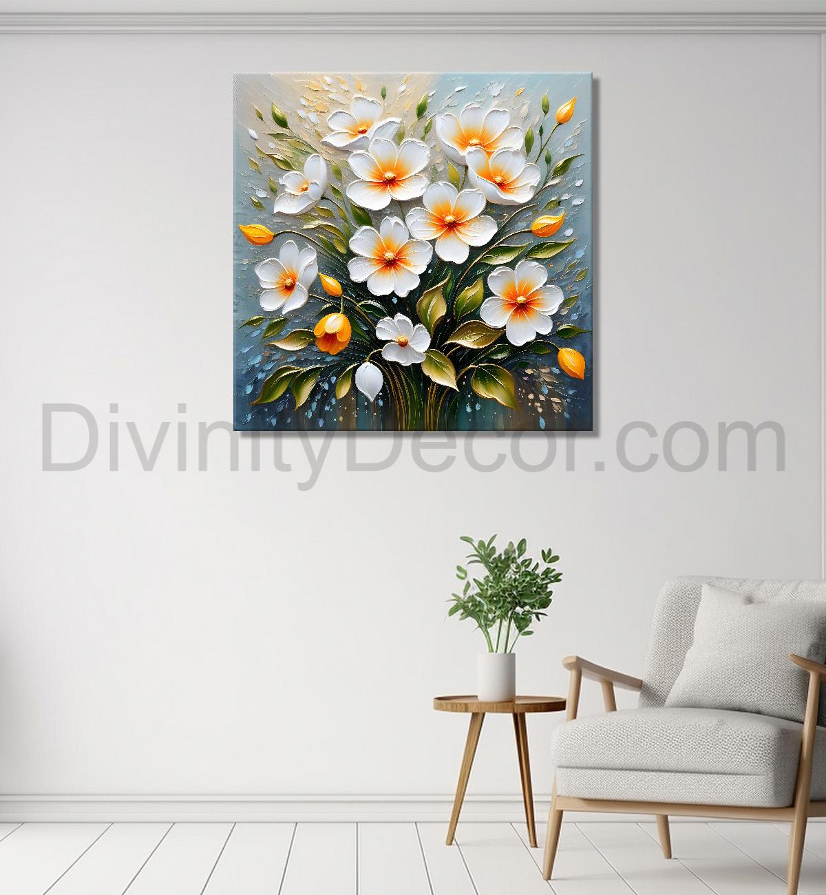 White flowers in grey background textured painting - Flower-S-52