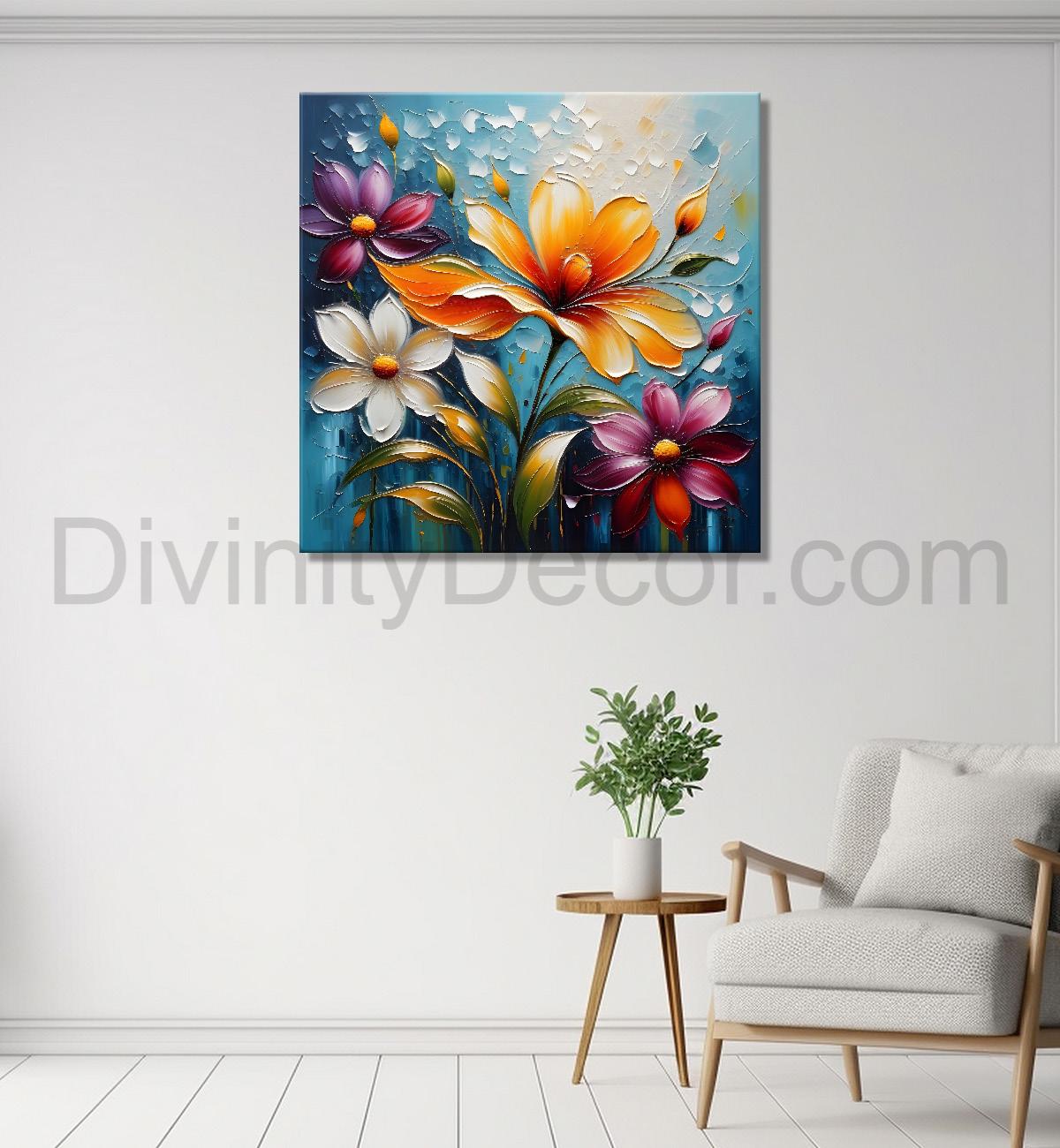 Colourful flowers in blue background textured painting - Flower-S-53