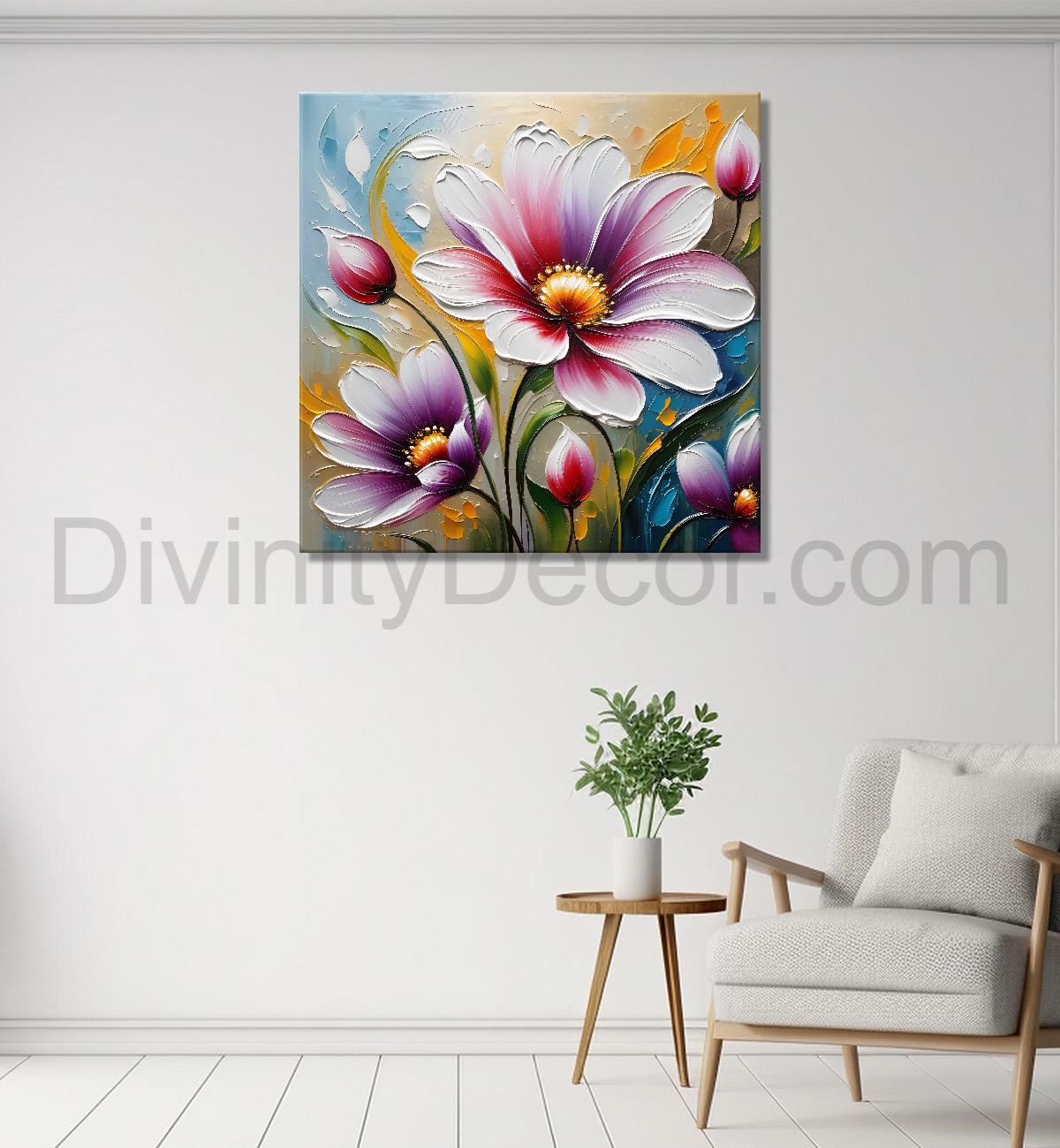 Purple flower in blue background textured painting  - Flower-S-54