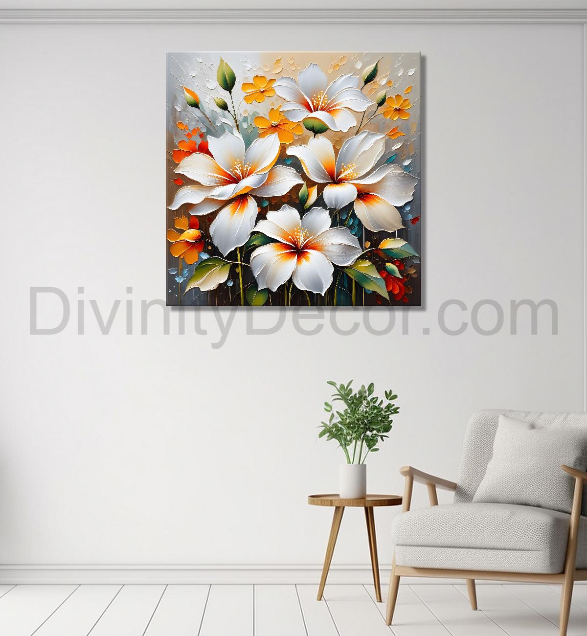 White flowers in grey and yellow background textured painting  - Flower-S-55