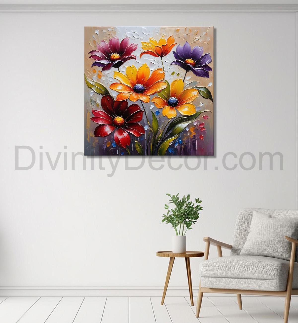 Colourful flowers in light brown background textured painting - Flower-S-56