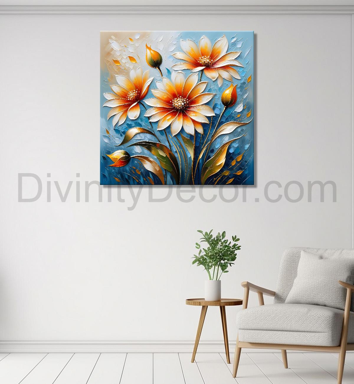 Orange flowers in blue background textured painting - Flower-S-58