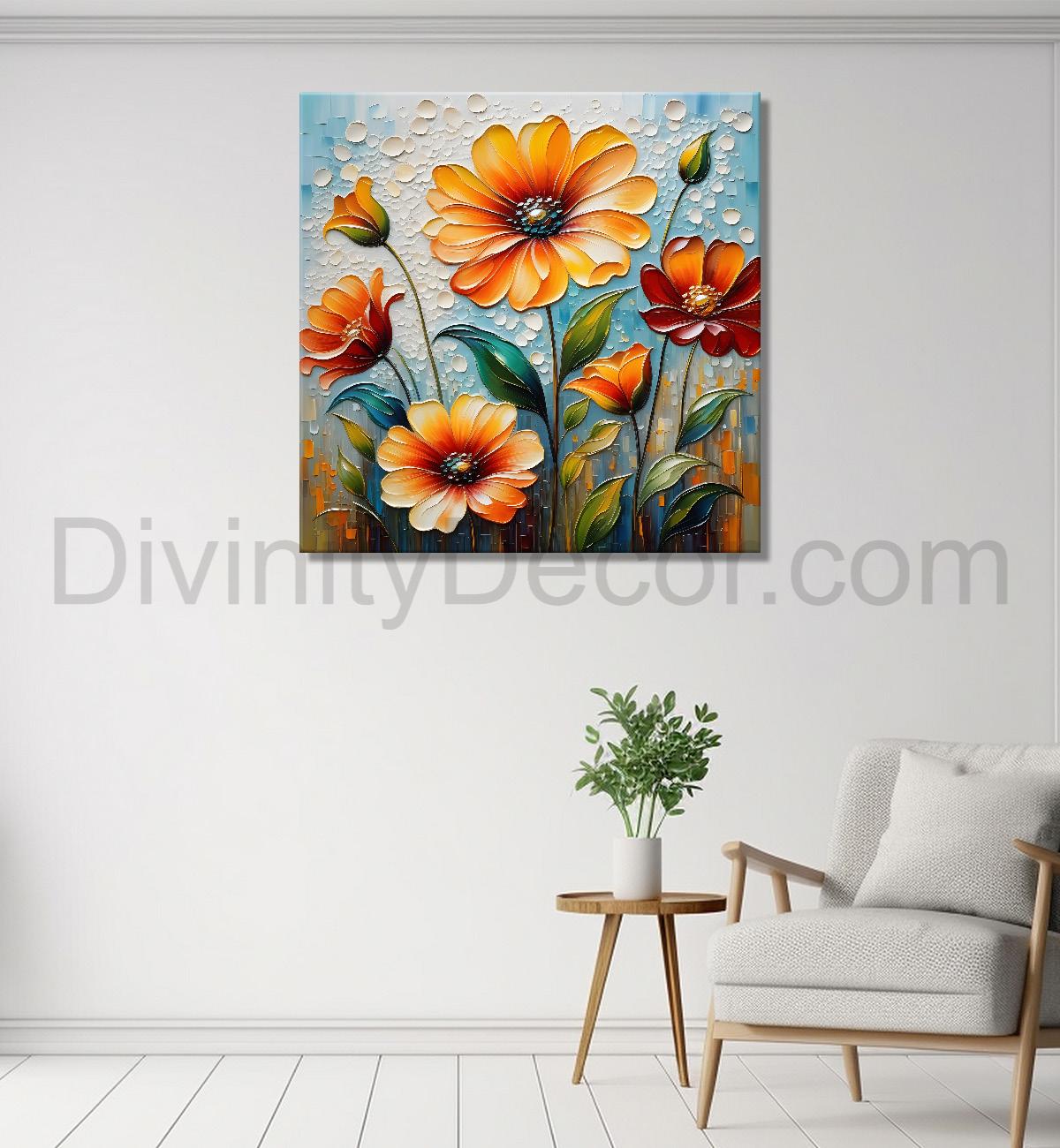 Colourful flowers in blue background textured painting - Flower-S-59
