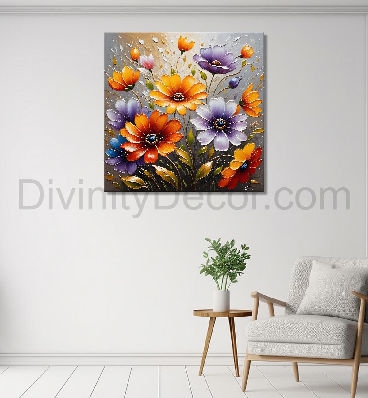 Colourful flowers in light background textured painting - Flower-S-60