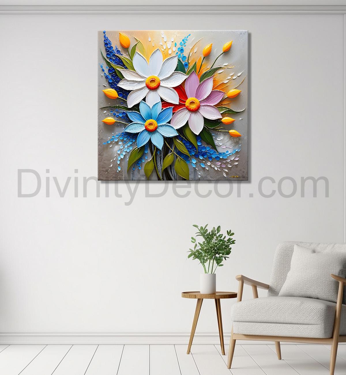 Colourful flowers in grey background textured painting - Flower-S-61