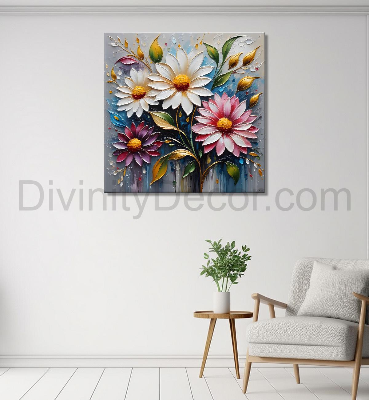 Colourful flowers in grey background textured painting - Flower-S-62