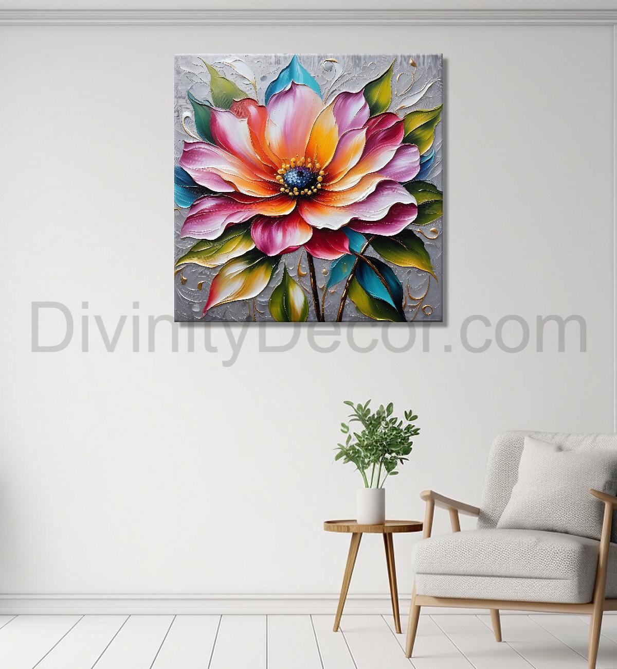 Pink flowers in grey background textured painting  - Flower-S-63