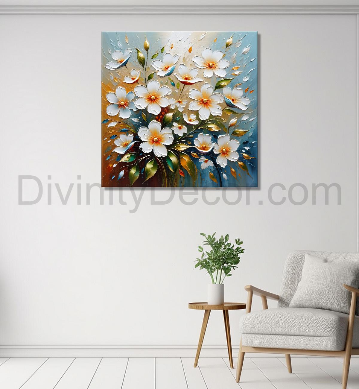 White flowers in grey background textured painting  - Flower-S-64