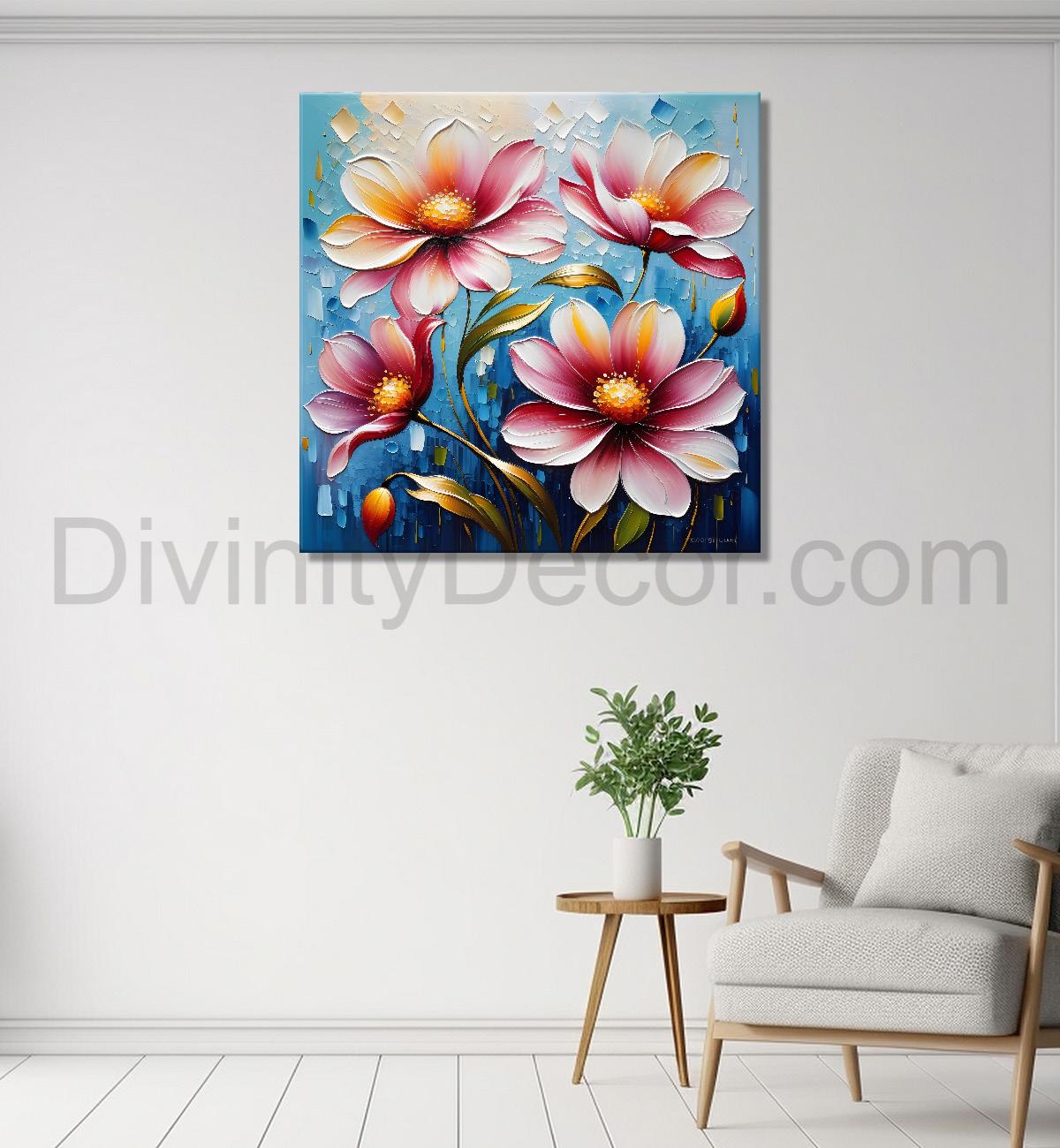 Pink flowers in blue background textured painting - Flower-S-65