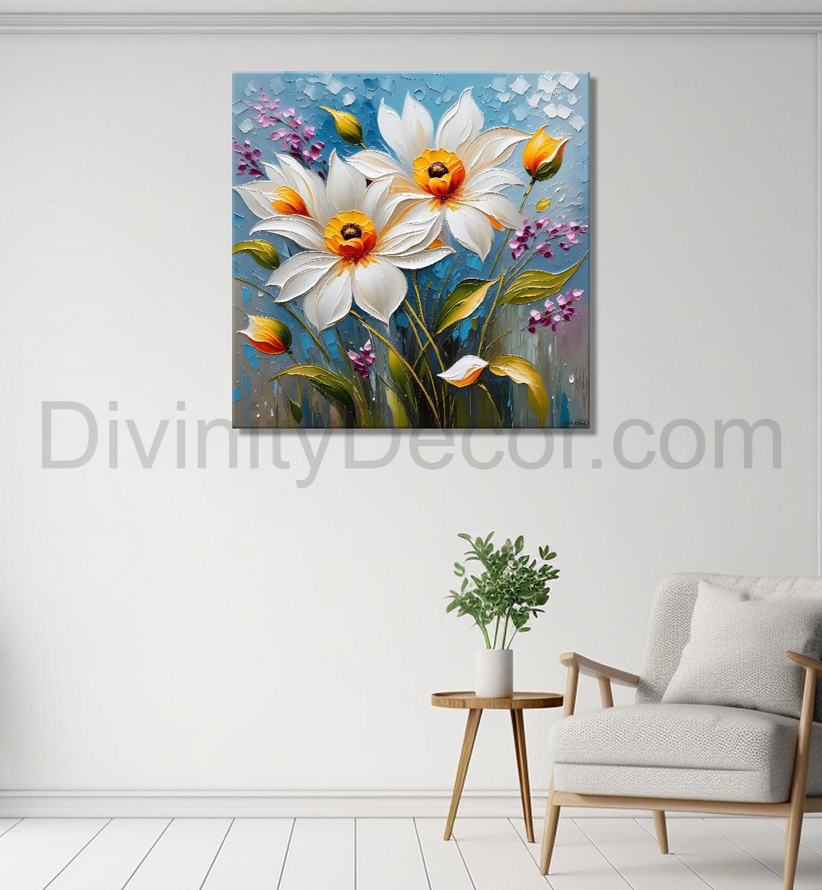 White flowers in blue background textured painting - Flower-S-66