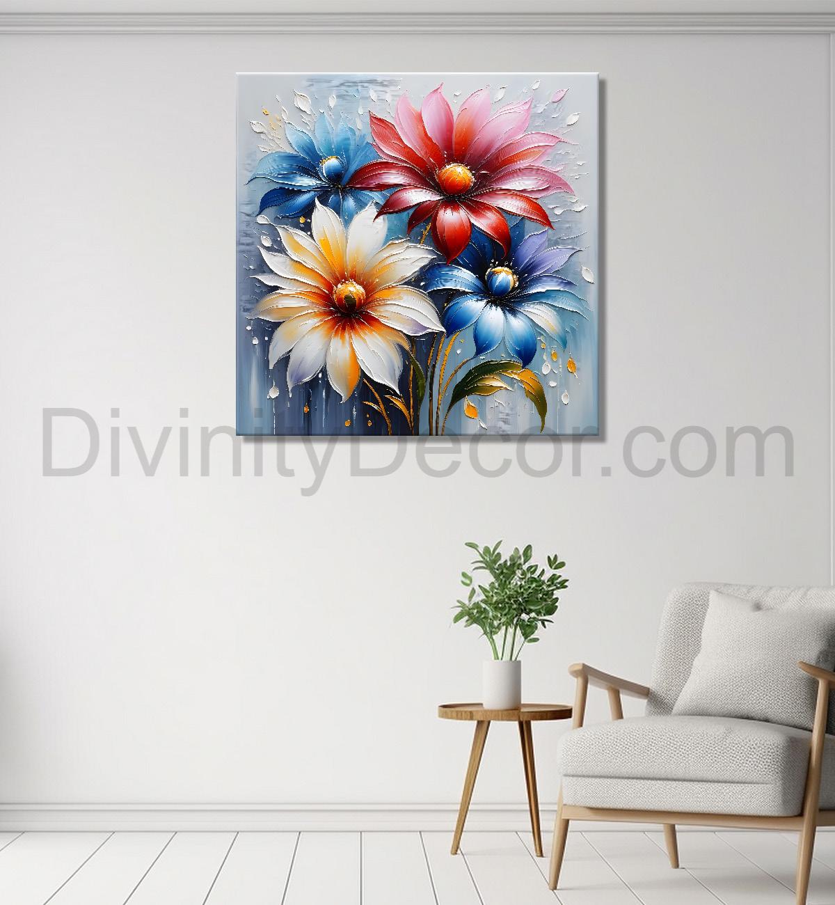 Colourful flowers in grey background textured painting  - Flower-S-67