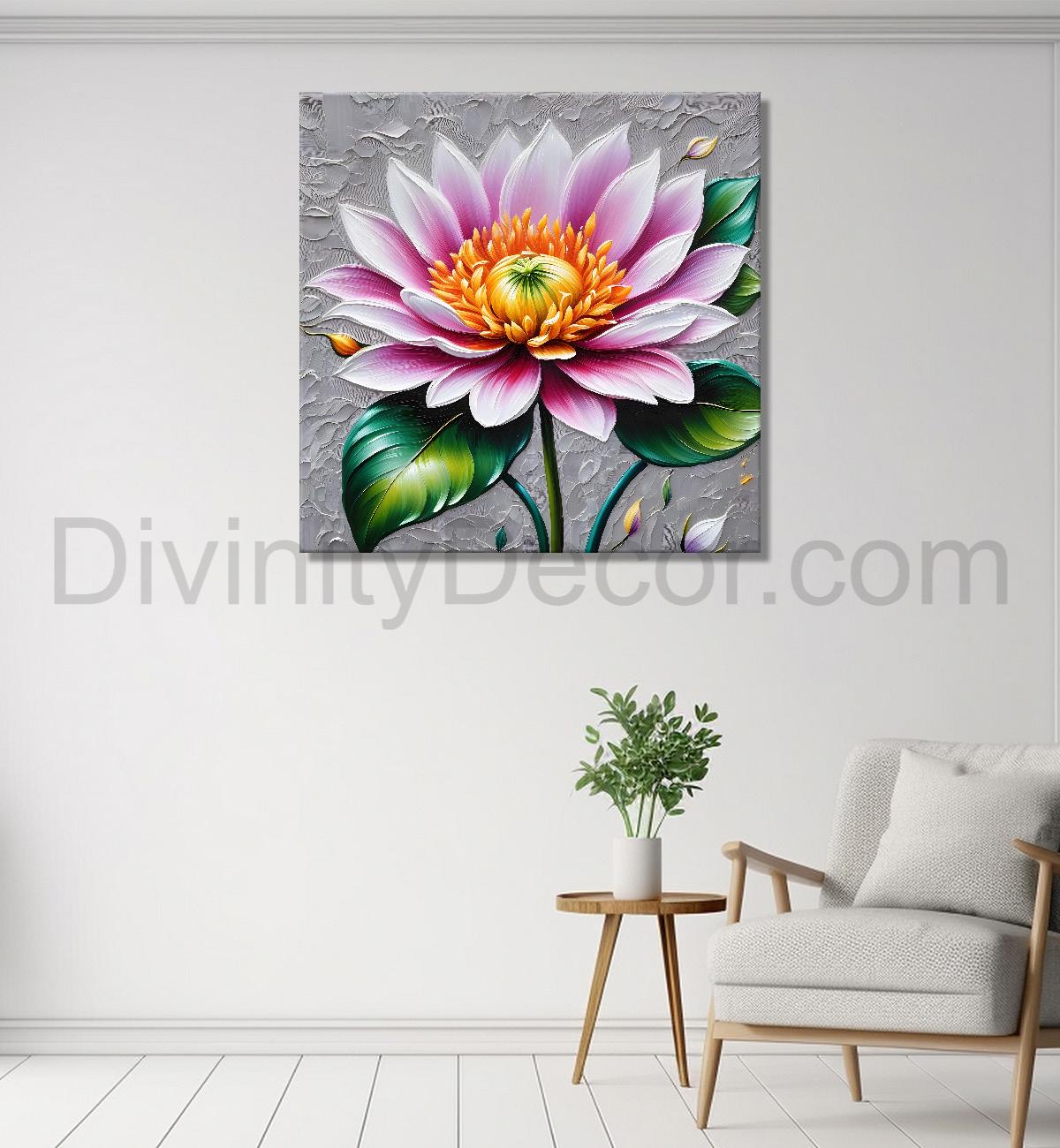 Pink flower in grey background  textured painting   - Flower-S-69
