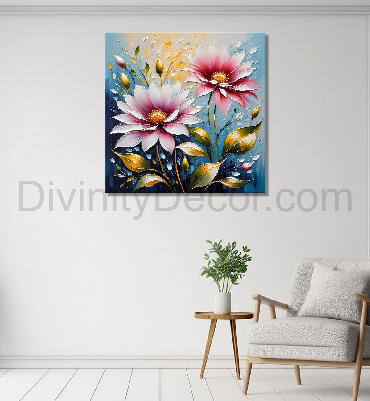Pink flowers in blue background textured painting   - Flower-S-70
