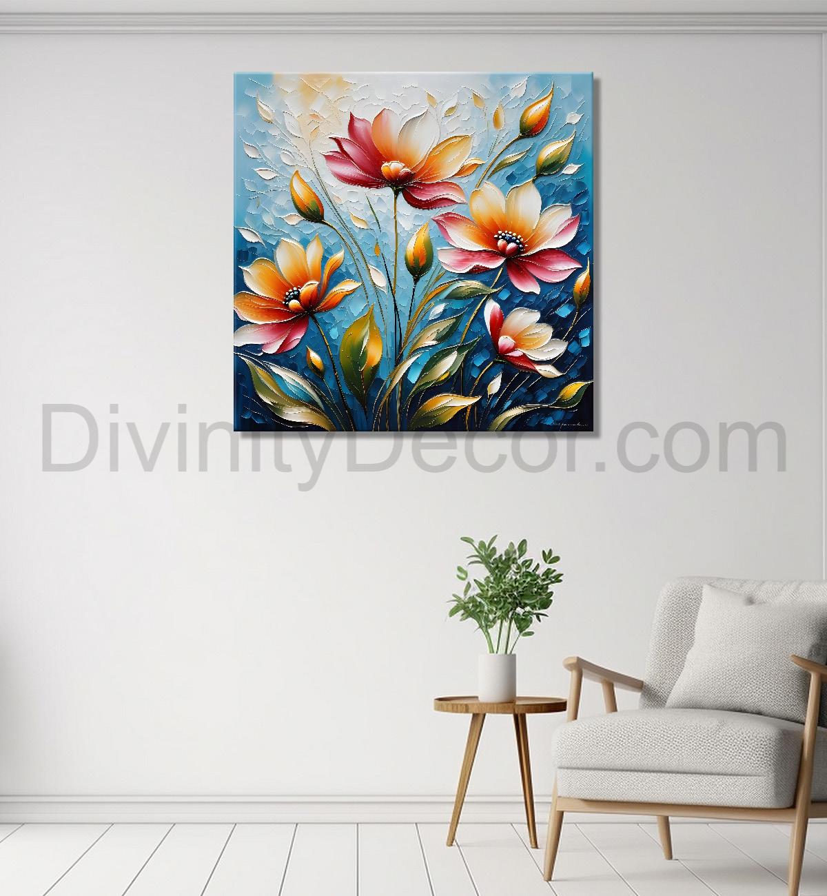 Peach flowers in blue background textured painting - Flower-S-71