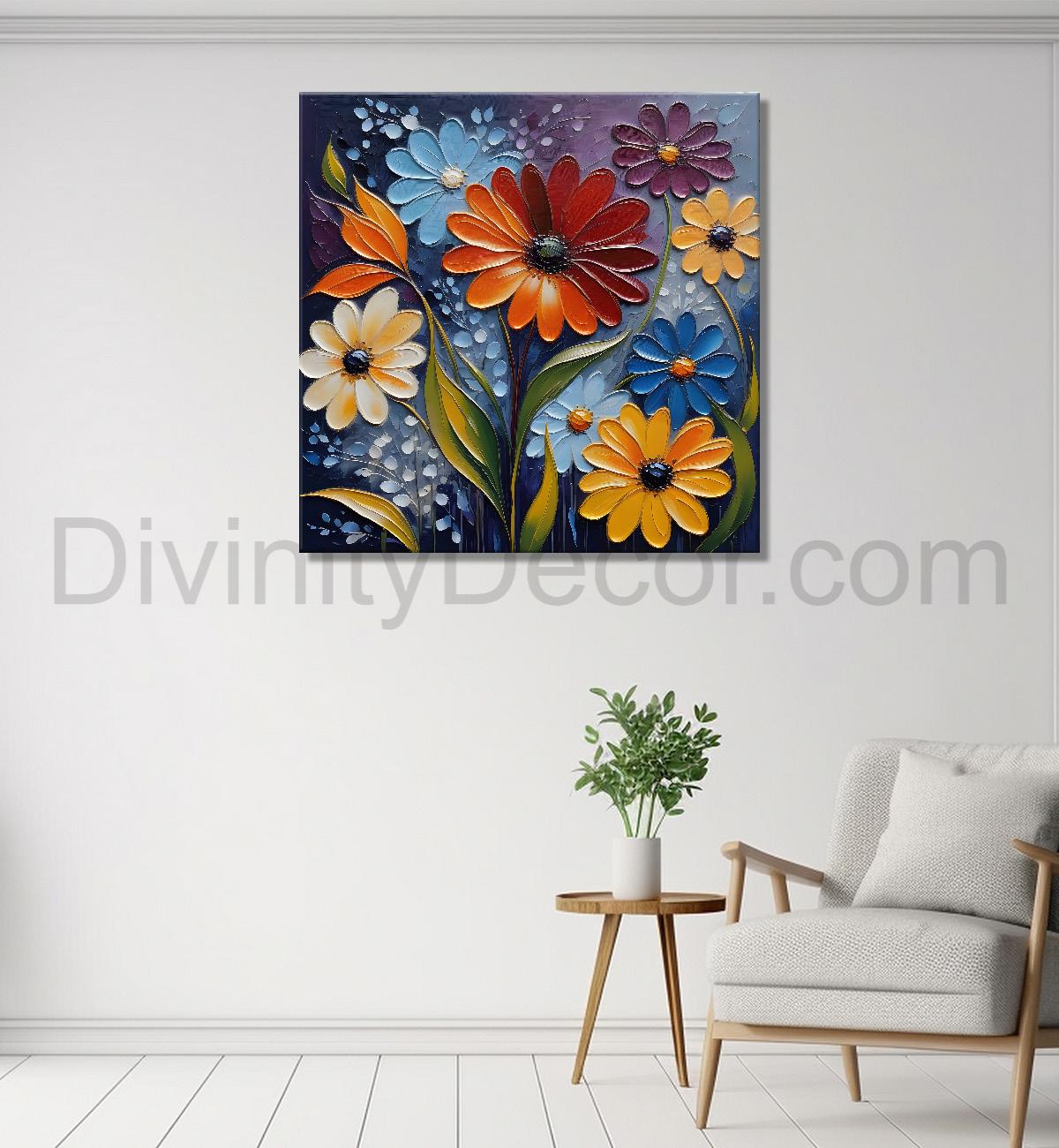 Colourful flowers in dark background  textured painting - Flower-S-72
